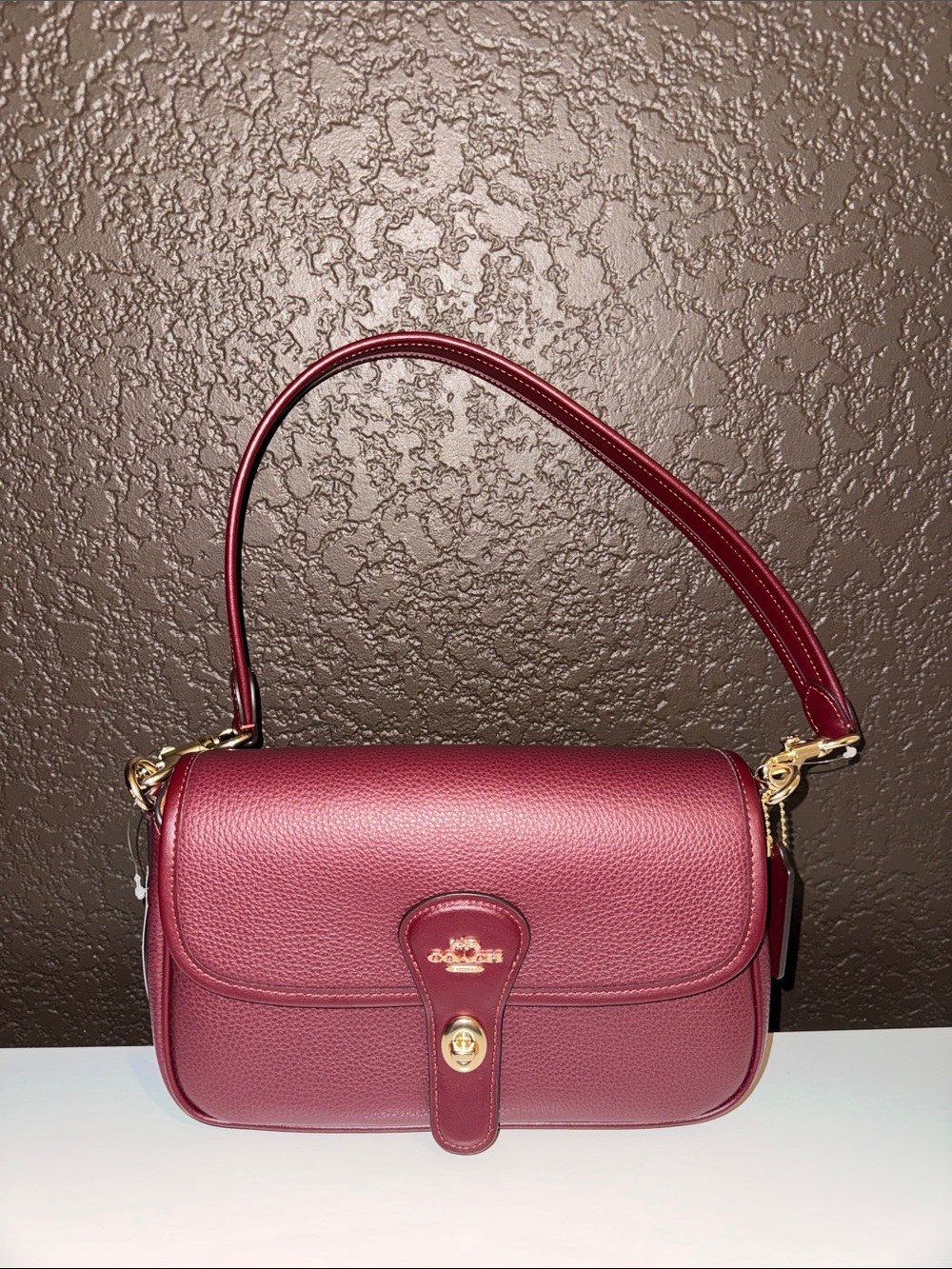 Coach Pebbled Leather Turnlock Shoulder Bag in Bordeaux